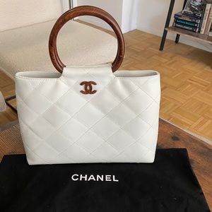 Chanel vintage wooden top handle bag white leather